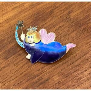 Sterling Silver and Enamel Fairy Godmother Angel Brooch Magic Wand Wings READ